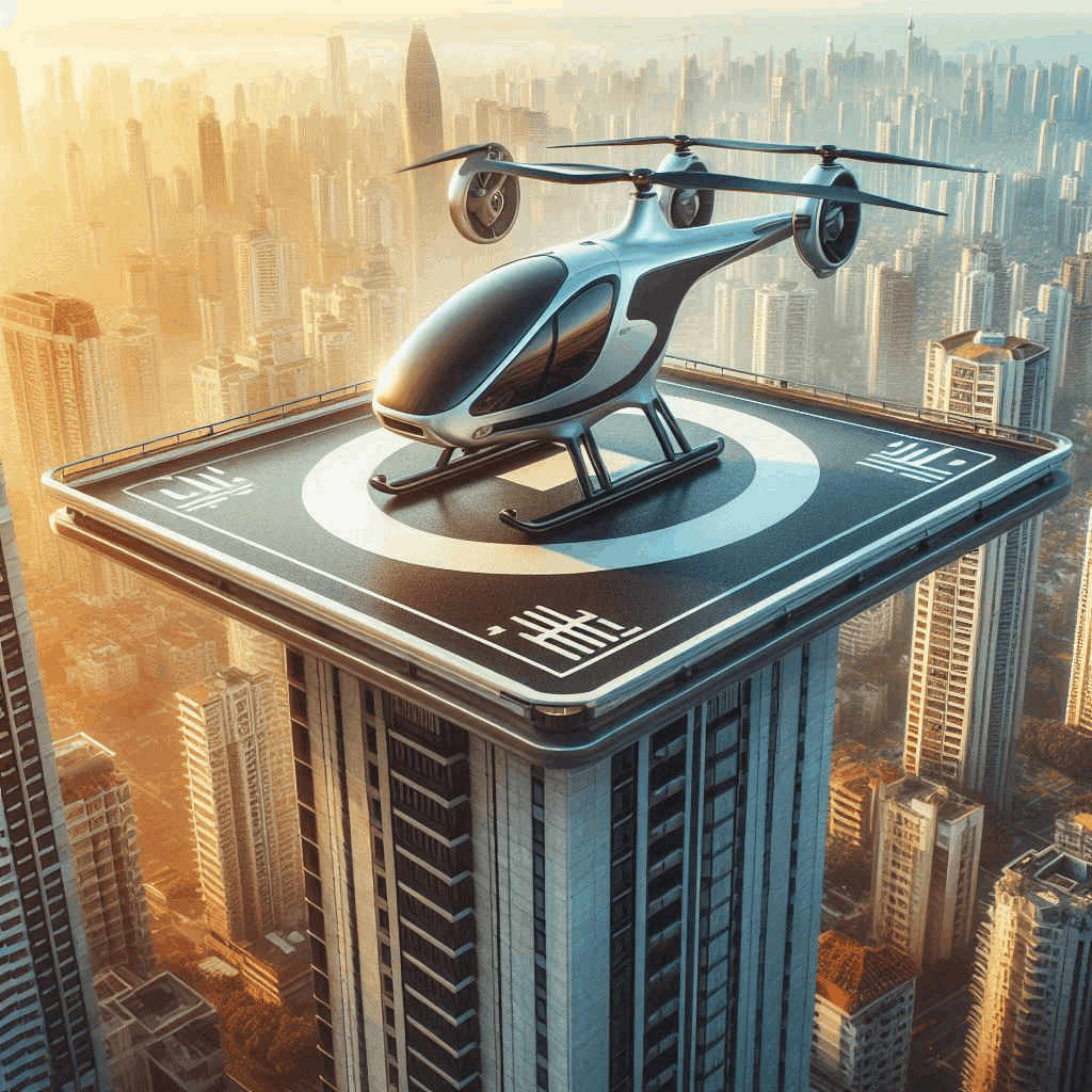 Flying Taxi on top of a high rise building