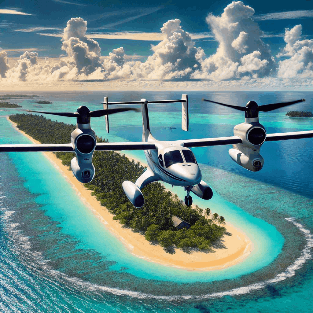 Air Taxi flying away from a island